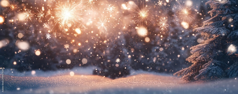 Poster a serene winter landscape adorned with falling snowflakes, creating a magical atmosphere amidst glis