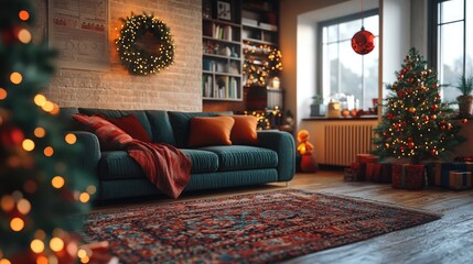 Cozy Holiday Living Room with Christmas Tree, Gifts, and String Lights