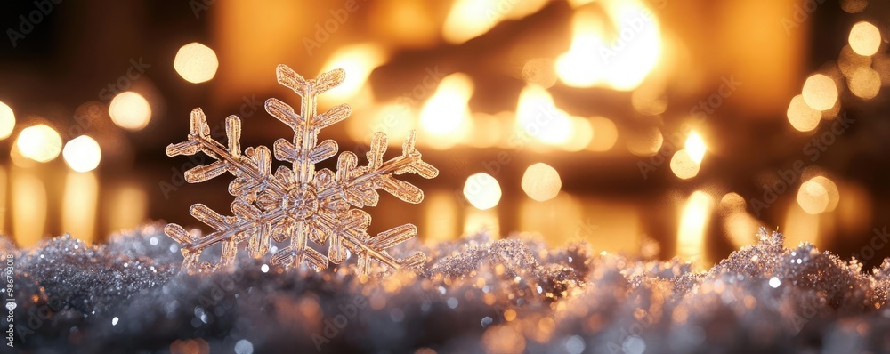 Poster a beautiful snowflake rests on soft snow, with a warm, glowing fireplace in the background, evoking 