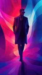 Businessman in Dark Coat and Sunglasses Walking in Futuristic Neon Background