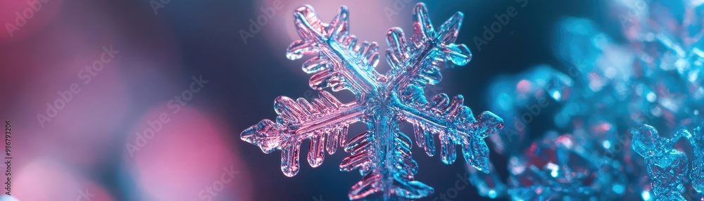 Poster Close-up view of a delicate snowflake with intricate patterns, surrounded by a soft, colorful bokeh effect. Perfect for winter themes.