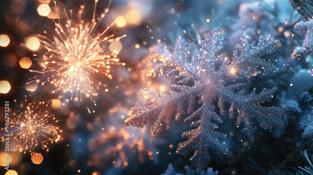 Poster sparkling snowflakes shimmer against a blue backdrop, creating a magical winter scene filled with fe