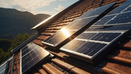 Solar panels producing clean energy on a roof of a residential house