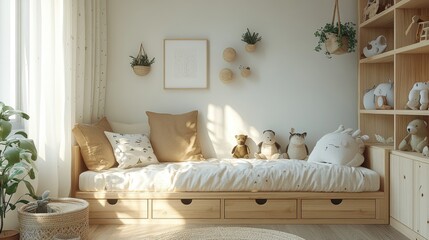 Cozy Children's Bedroom with Natural Light and Plush Toys in Minimalist Design