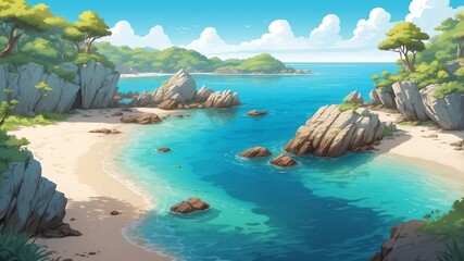 Secluded Cove with Clear Waters Cartoon Background Design