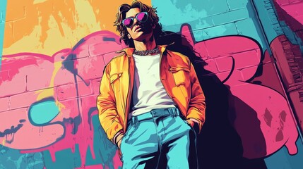 Trendy Young Man in Sunglasses Posing Against Colorful Urban Graffiti Wall