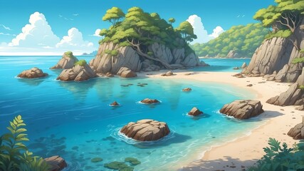 Fototapeta premium Secluded Cove with Clear Waters Cartoon Background Design