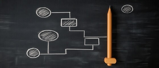 A simple flowchart sketched on a chalkboard, accompanied by a yellow pencil, showcasing a structured process or decision-making pathway.