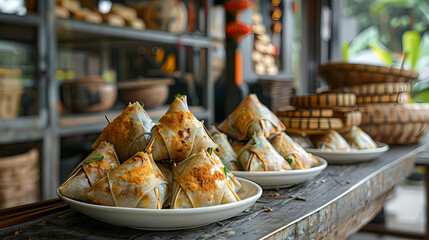 Zongzi in a white plate in a luxurious shop.
