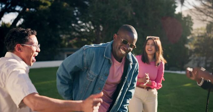 Dance, student party and man with friends in diverse crowd for celebration, concert and energy in nature. Summer holiday, community or music for people in audience for gen z, social event or vacation