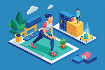 A woman engages in breathing exercises on a yoga mat while a child plays nearby in a cozy room, Customizable illustration for isometric breathing exercise.