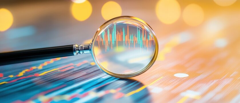 A magnifying glass rests on a colorful data chart, symbolizing analysis and focus in the realm of finance or research.