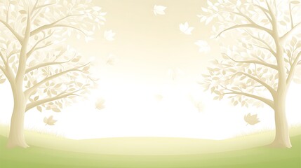 Two trees with leaves falling in a grassy field against a soft, light background.