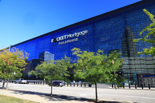 Rocket Mortgage Fieldhouse- NBA Cleveland Cavaliers. Built in 1994, Cavs home court, National Basketball Association. In 2016, facility hosted Republican Convention with Donald Trump being elected.