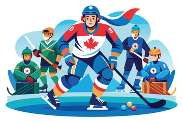Fototapeta premium Para ice hockey players skillfully compete on the rink, showcasing teamwork and determination during a match, Customizable Semi Flat Illustration for Para Ice Hockey