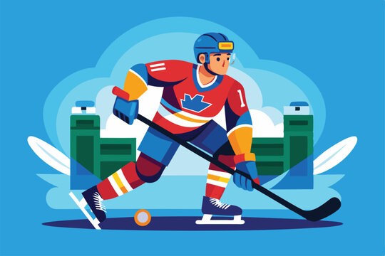 A para ice hockey player is skillfully maneuvering with a stick on a colorful rink backdrop, Customizable Semi Flat Illustration for Para Ice Hockey