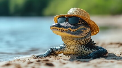 Alligator wearing a straw hat and sunglasses lying on the beach.