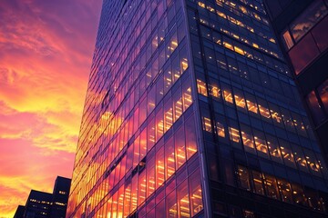 Glass skyscraper reflecting sunset colors