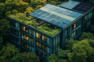 Modern building with rooftop garden and solar panels