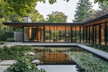 Modern house with glass walls and pond in garden
