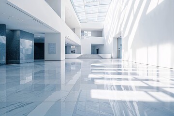 Large white empty hall with sunlight streaming through skylights