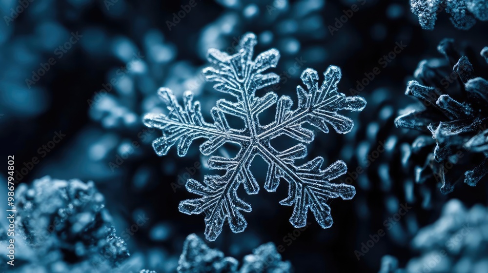Poster A close-up of a delicate snowflake resting on pine needles, showcasing intricate patterns in a serene, icy blue atmosphere.