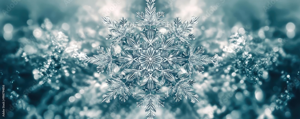 Poster an intricate snowflake design with shimmering details and a soft blue background, perfect for winter
