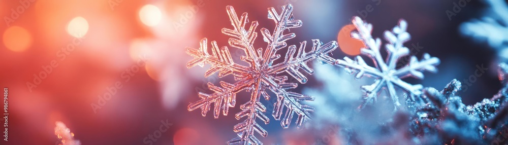 Poster A close-up view of a delicate snowflake shimmering in winter light, showcasing intricate details and a magical atmosphere.