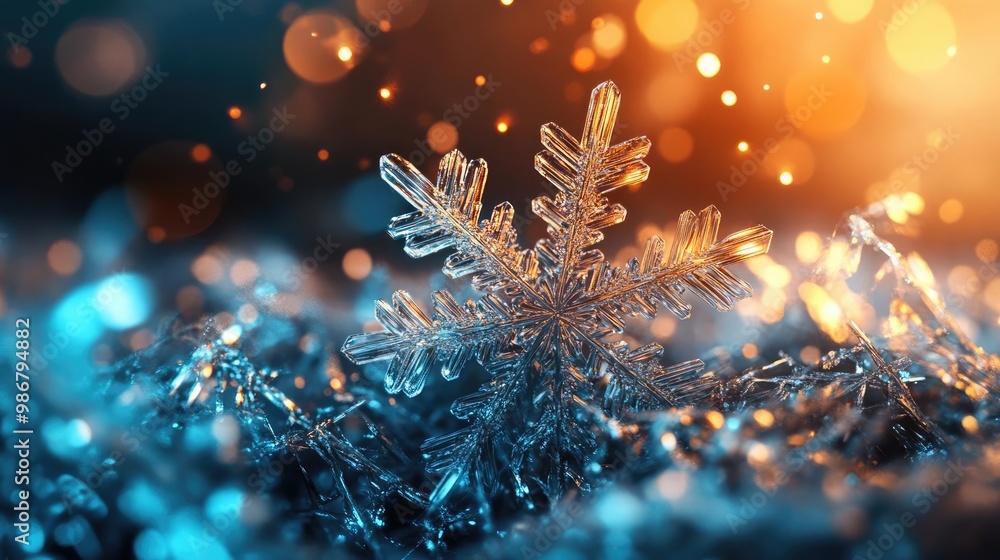 Poster a stunning close-up of a snowflake with glimmering details against a colorful bokeh background, evok