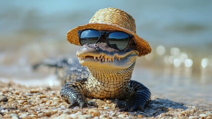 A small alligator wearing sunglasses and a straw hat lies on a sandy beach by the water, looking directly at the camera.