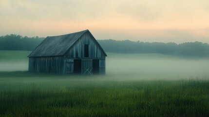 A weathered barn stands alone in a misty field at sunrise.