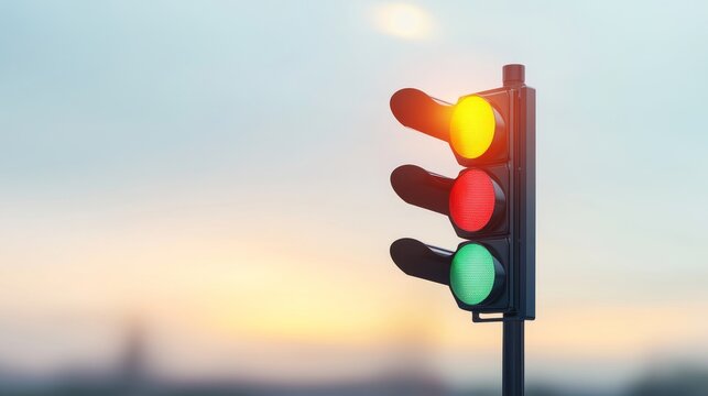 Traffic Signal at Sunset with Colorful Lights
