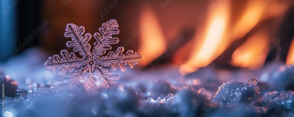 Poster a delicate snowflake resting on soft snow, contrasting beautifully with the warm glow of a cozy fire