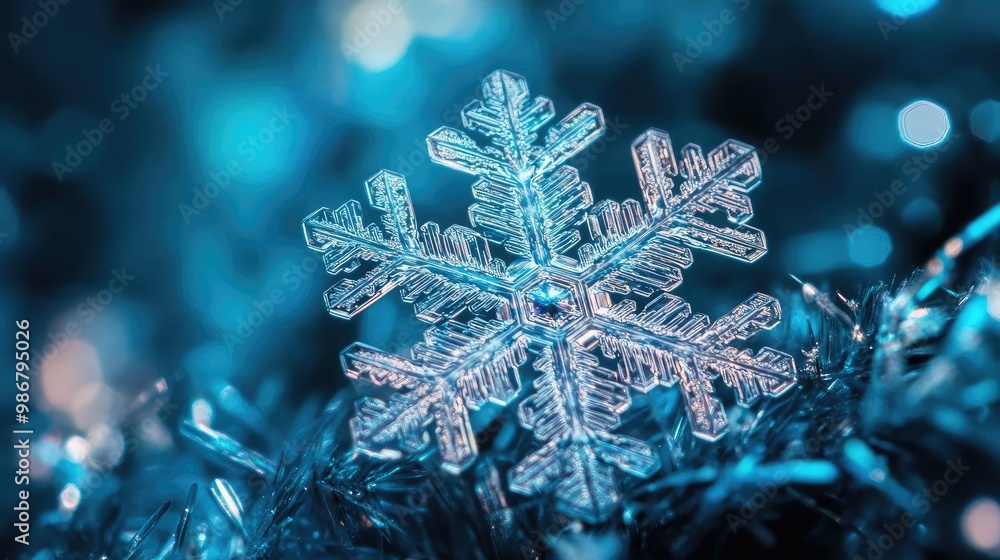 Poster close-up of a crystal snowflake resting on shimmering tinsel, capturing the essence of winter's beau