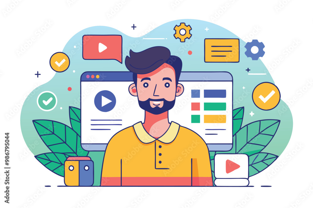 Poster a content creator engages with digital tools for online projects surrounded by vibrant graphics, cus