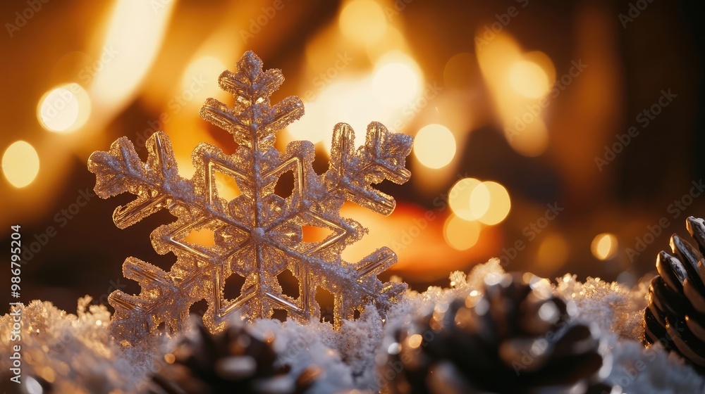 Poster A beautiful snowflake resting on soft snow with pine cones in a warm, cozy fireplace setting, perfect for winter holidays.