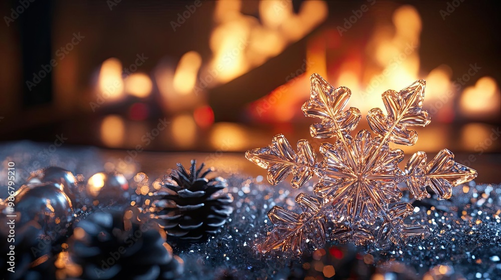 Poster a sparkling snowflake rests on glittering decorations, with a warm fireplace creating a cozy atmosph