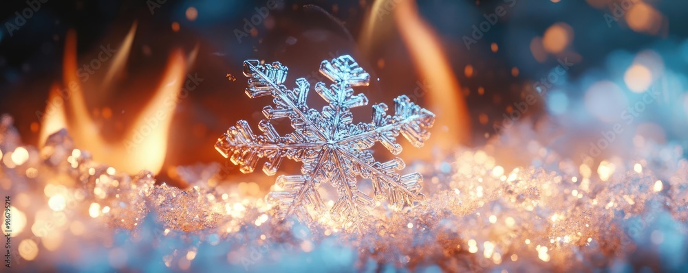 Poster a stunning ice snowflake captures the contrast of cold and warm, surrounded by flames and sparkling 