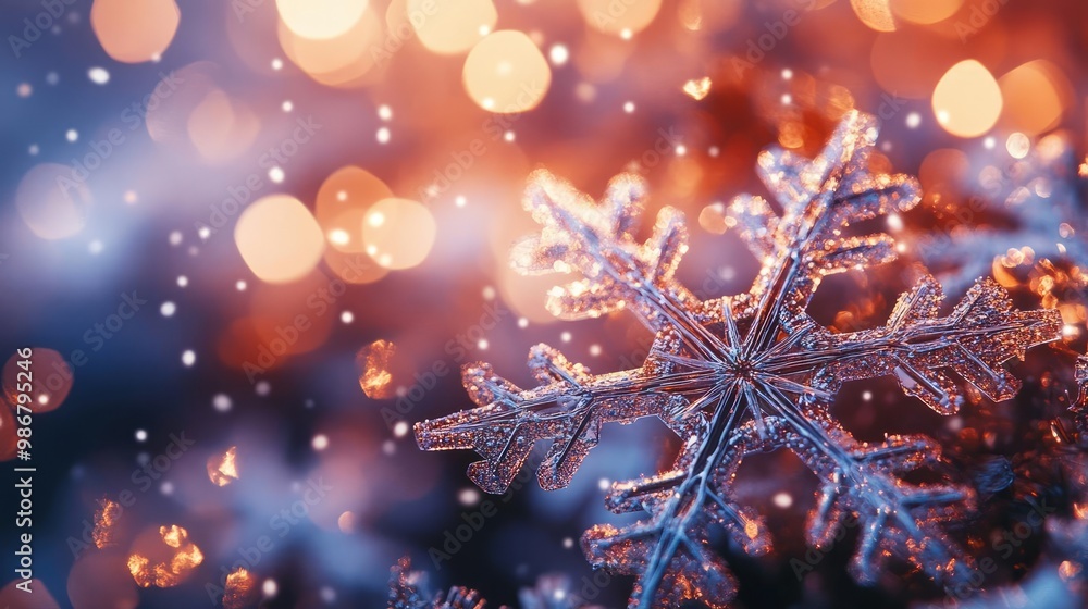 Aufkleber beautiful close-up of a snowflake with sparkling bokeh lights, capturing the essence of winter wonde