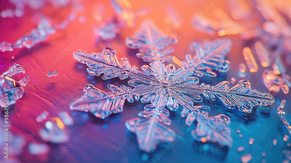 Aufkleber Close-up of a delicate snowflake glistening in vibrant colors, showcasing intricate patterns and mesmerizing details of winter beauty.