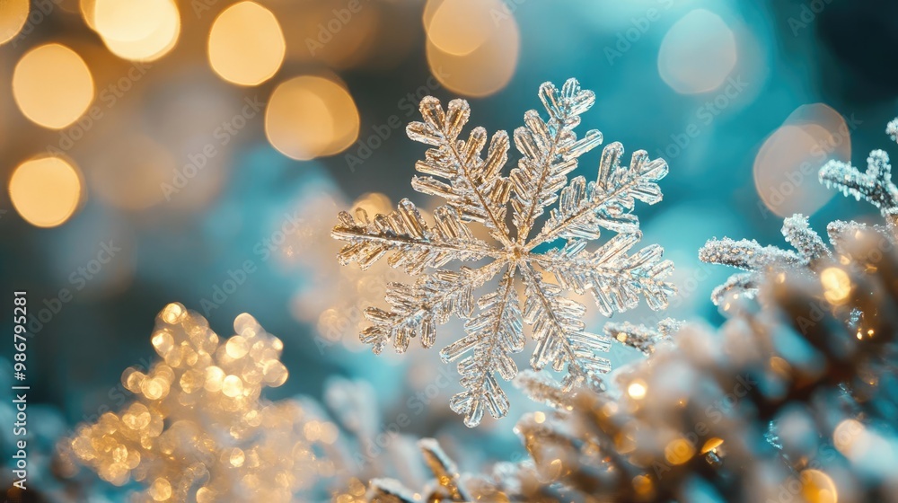 Poster close-up of a delicate snowflake surrounded by shimmering lights, capturing the beauty of winter and