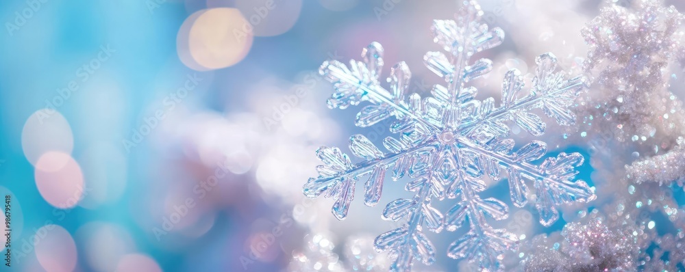 Poster a close-up view of a sparkling snowflake against a soft blue background, capturing the beauty of win
