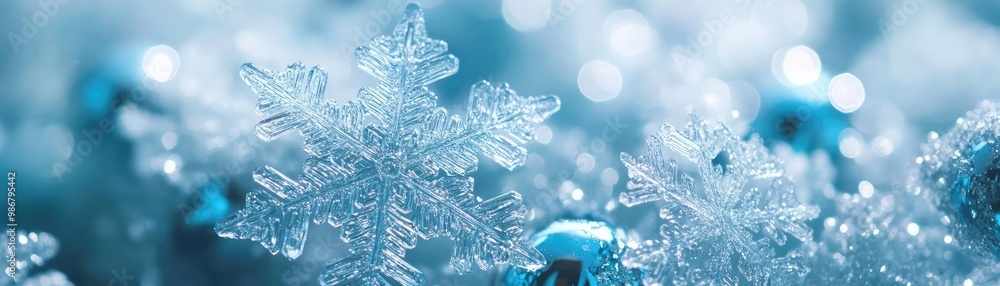 Poster beautiful close-up of delicate snowflakes on a blue surface, showcasing intricate patterns and a ser
