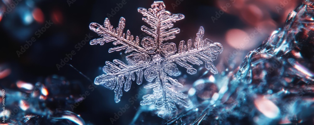 Poster close-up of a delicate snowflake glistening in a winter wonderland, showcasing its intricate pattern