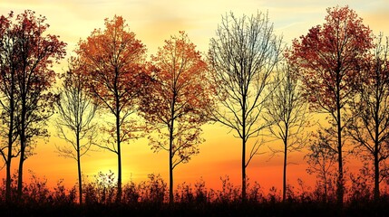 Obraz premium A row of trees stand tall against a vibrant sunset, their silhouettes outlined against the fiery sky.