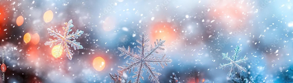 Poster a beautiful winter scene featuring delicate snowflakes amidst a backdrop of colorful bokeh lights an