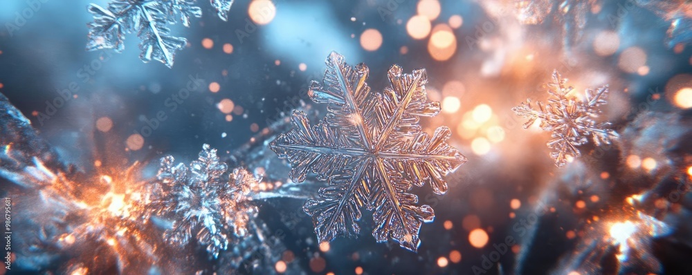 Poster Beautiful snowflakes shimmer with soft glows of light, creating a magical winter atmosphere in a stunning visual display.