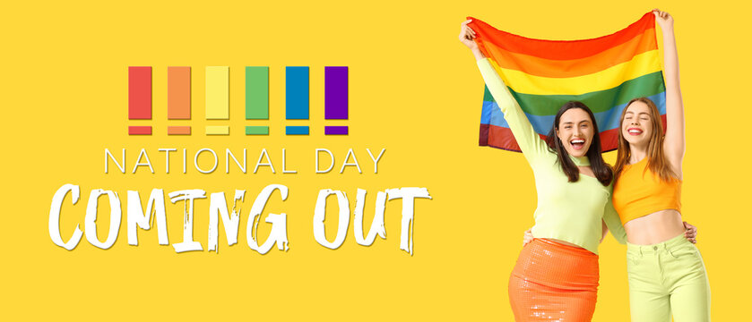 Beautiful young lesbian couple with LGBT flag on yellow background - Powered by Adobe