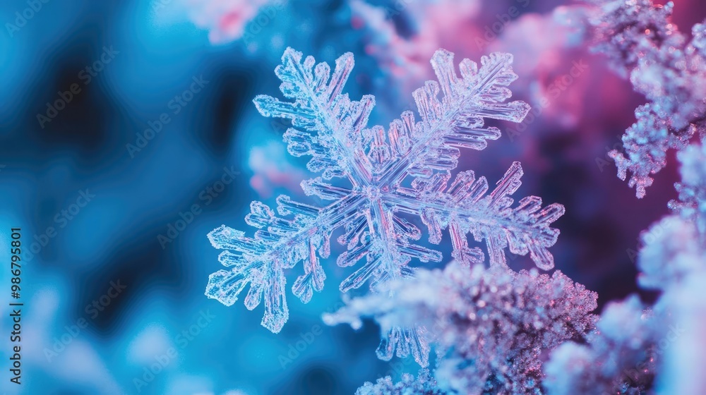 Poster Close-up view of a delicate snowflake resting on frost, showcasing intricate patterns against a colorful icy background.