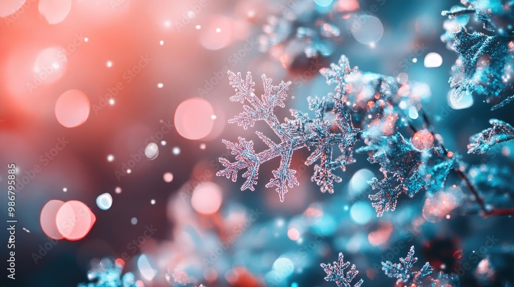 Poster A serene winter scene featuring delicate snowflakes on a frosty branch, illuminated by soft bokeh lights in festive colors.